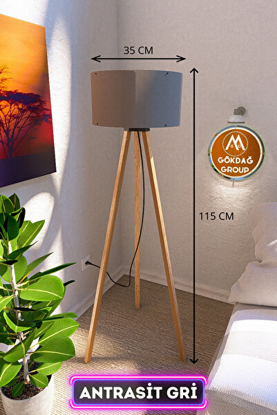 GÖKDAĞ GROUP 3 Ayaklı MEGA BOY Tripod Lambader Abajur Antrasit Gri Kumaş Başlık