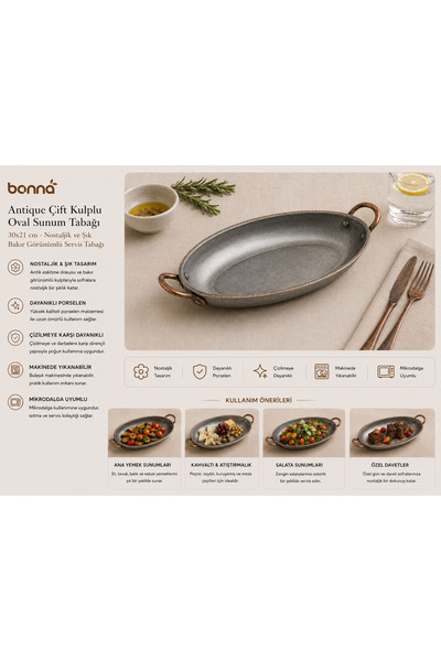 Bonnami Bonna Antique Çift Kulplu Oval Sunum Tabağı 30x21 cm - Nostaljik ve Ş...