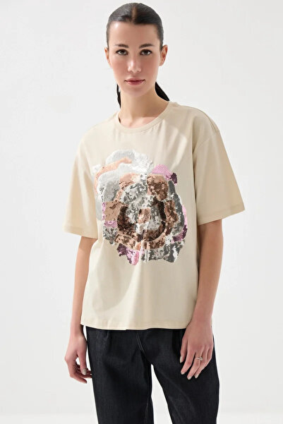 Gusto Pul Payetli Rahat Kesim Pamuk Tshirt - Bej