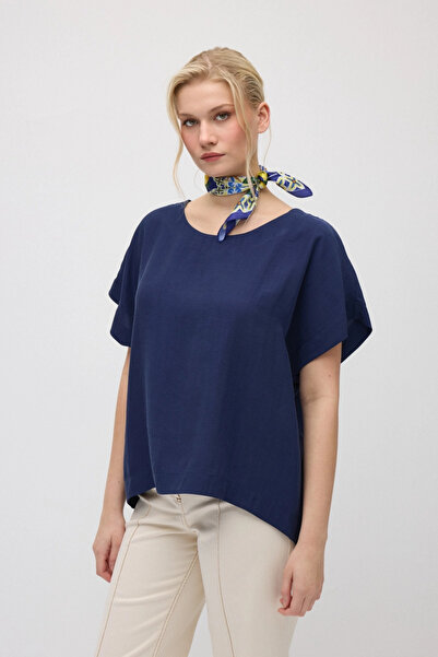 Gusto Yuvarlak Yaka Tencel Bluz - Lacivert