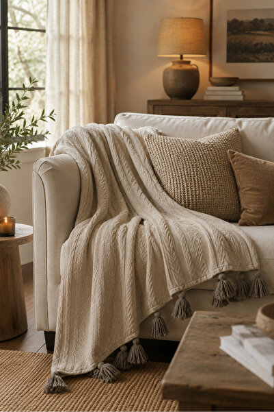 Vannes Home %100 Pamuk Modern Püsküllü Çift Kişilik Pike Yatak Örtüsü 200x220 cm