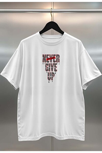 buzagi tasarım ürünleri Never Give up Digital Print Oversize Unisex White T-S...