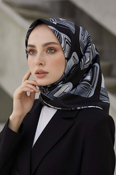 Vissona %100 Twill İpek Geometrik Kare Desenli Siyah - Beyaz Renkli 90x90 Eşa...