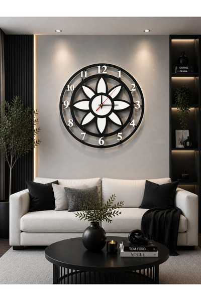 Zoe3 Style Modern Lotus Desenli Siyah-Beyaz Dekoratif Duvar Saati - Sessiz Me...