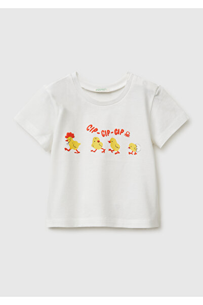 United Colors of Benetton Bebek Ekru Omzu Gizli Çıtçıtlı Baskılı Kısa Kollu T...
