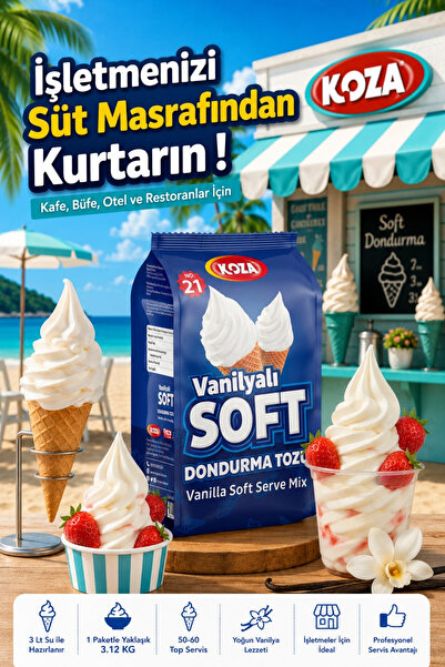 Koza Premium Soft Dondurma Tozu No21 Vanilyalı 3 Litre Su İle Hazırlanan Dond...