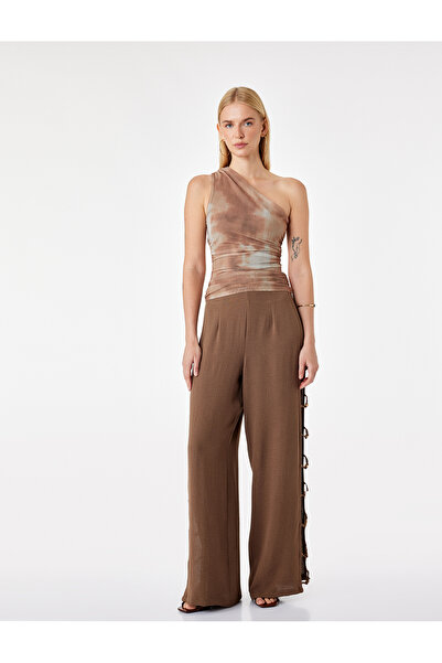 Koton Linen Look Wide Leg Pants with Beaded Window Detail