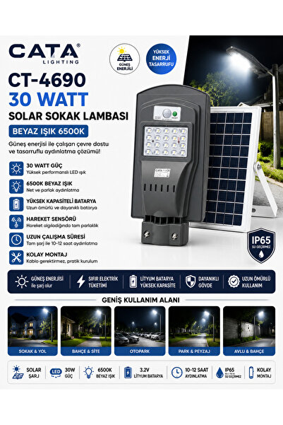 Cata CT-4690 Solar Sokak Lambası 30W Güneş Enerjili LED Projektör Bahçe ve So...