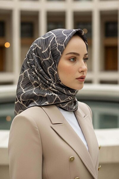 Vissona 100% Twill Silk Geometric Patterned Black - Beige Colored 90X90 Scarf...
