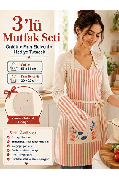 Magiclady 3lü Mutfak Seti Önlük + FırınEldiveni+ Tutamaç