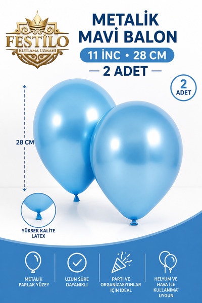 FESTİLO Metalik Latex Balon 11 İnç 28 Cm 2 Adet Doğum Günü Parti Süsleme Balonu
