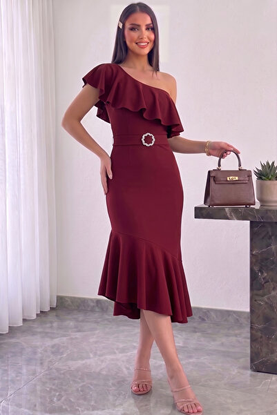 ALFUDO Moda Collection Rochie midi cu un singur umăr și detaliu volanat