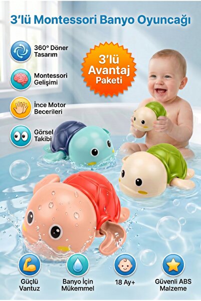 CARA CARO 3'lü Kurmalı Yüzebilen Kaplumbağa Banyo Oyuncak Seti - 18 Ay+ BPA İ...
