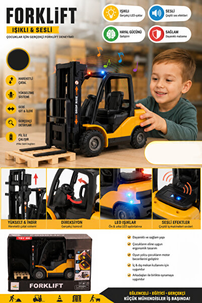 cayenna Pilli Işıklı ve Sesli Oyuncak Forklift 1:12 Ölçek Hareketli Çatallı Ç...