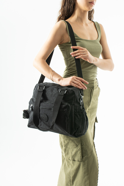 DUOMİNO Klinkır Multi-Pocket Water-Resistant Black Crinkle Shoulder Bag / Sho...