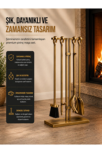 SOMINECO 5 Li Lüx Ithal Antik Gold Patinalı Şömine-soba Maşa Takımı Aksesuar ...