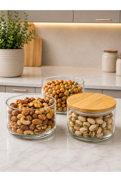 mafa home 3-Tier Glass Storage Container – Vacuum Bamboo Lid for Dragees, Snacks, Candy, Breakfast