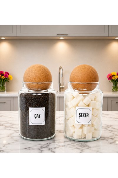 mafa home Set of 2 Glass Tea Sugar Storage Jars with Wooden Ball Lid 800 ml with Label Gift