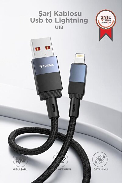 Torima Şarj Kablosu Usb to Lightning Data Kablo U18 Siyah