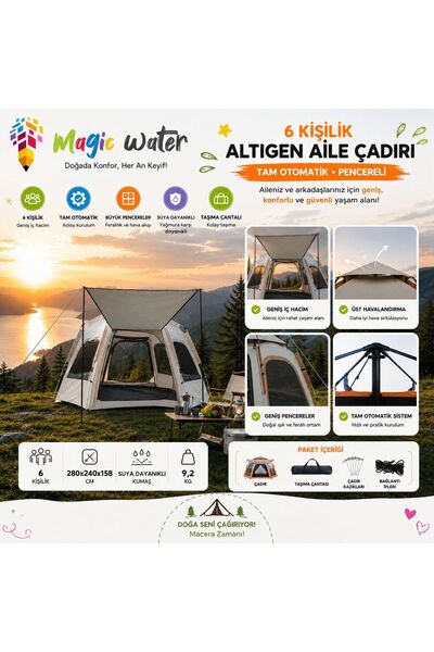 Magic Water 6 Kişilik Otomatik Tenteli Kamp Çadırı Sineklikli Çift Kapı ALTIG...
