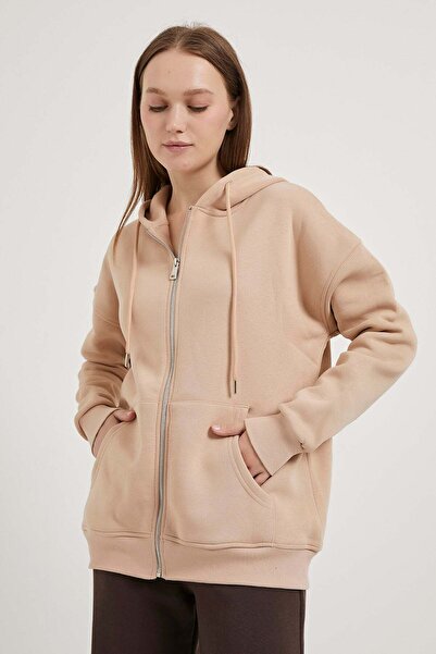Arma Life Kadın Fermuarlı Kapşonlu Bej Oversize Sweatshirt