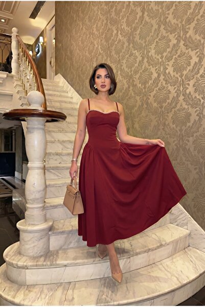 ALFUDO Moda Collection Kadın Askılı Taş İşlemeli Degaje Yaka Fermuarlı Midi B...