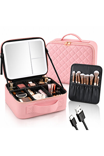 Omaly Geanta Cosmetice cu Oglinda LED Touch Screen, Geanta Portabila cu Compa...