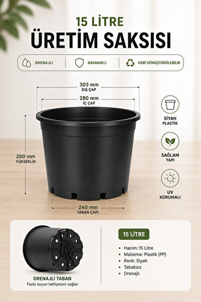 ToXA 1 Adet Üretim Saksısı 15 Litre Drenajlı Tabaksız Plastik Saksı Fide Ağaç...