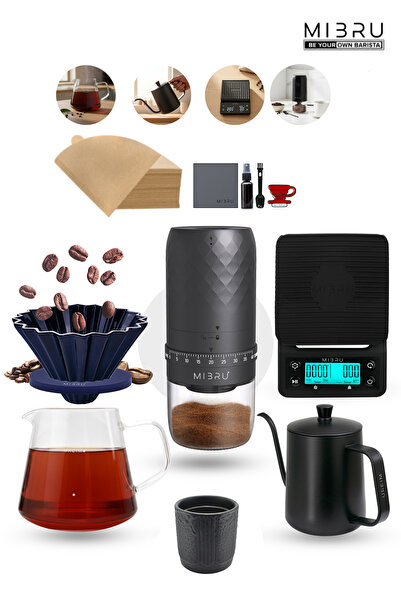 MIBRU مجموعة V60 Coffee Pour Over 09 تتضمن فلترًا وملحقات مميزة مع مطحنة كهرب...