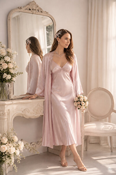 PICO fashion Saten Gecelik ve Sabahlık Uzun Takım-Bridal & Balayı Koleksiyonu