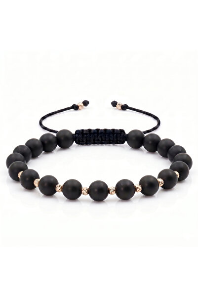 MANAVA Bratara cu 12 bile de Aur 14k si Onix mat 6 mm