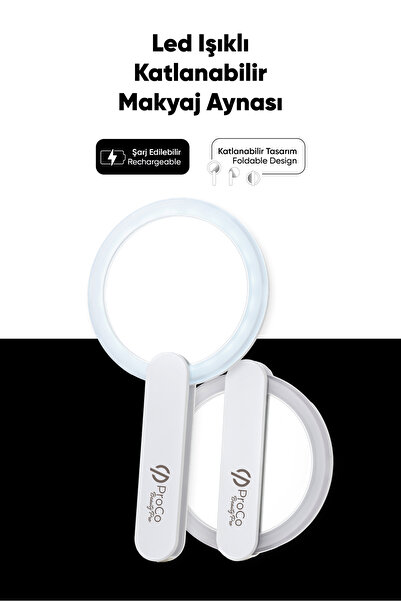 PROCO Beauty Pro LED Işıklı Saplı Makyaj Aynası - Şarj Edilebilir Uzun Ömürlü...