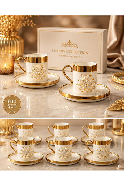 YzHome 6 Kişilik Gold Yaldızlı Porselen İnci Kahve Fincan Takımı 100ml