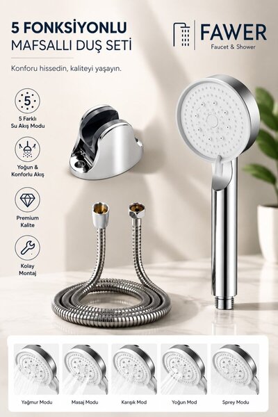 FAWER Faucet & Shower Fawer 5 Fonksiyonlu Krom Mafsallı Duş Seti Duş Başlığı