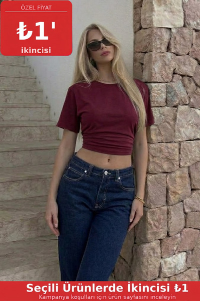 COMBİNE MİCHAİL Women's Bodycon Burgundy Crop T-Shirt