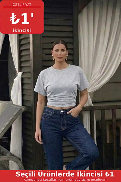 COMBİNE MİCHAİL Women's Premium Slim Fit Gray Crop T-Shirt