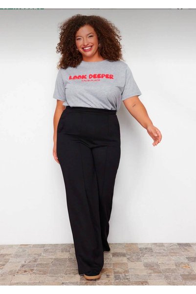 MODAL LIFE Women's Oversized Large Size Crepe Fabric Black Elastic Waist Pocketed Lycra Wide Leg Palazzo Trousers