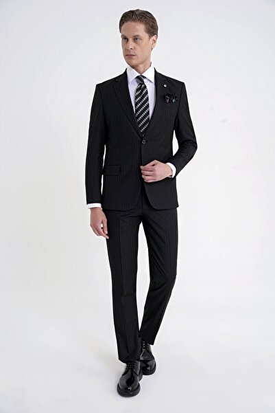 Efor Slim Fit Mono Yaka Esnek Yünlü Siyah Çizgili Takım Elbise Tk 942