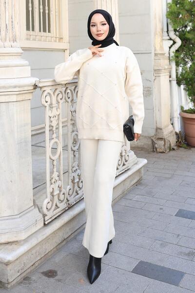 Missvalle Stone Detailed Knitwear Set White 6148