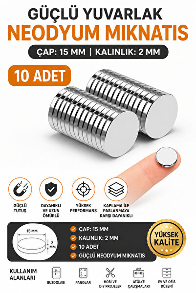 Dünya Magnet 10 Adet 15mm X 2mm Yuvarlak Güçlü Neodyum Mıknatıs 15x2