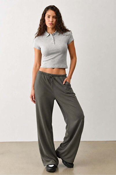 Madmext Khaki Wide Leg Barrel Fit Sweatpants Mg2646