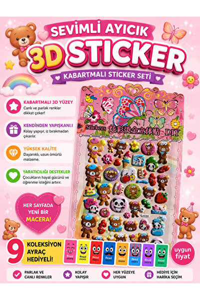 Pembe Pasaj Ayı Desenli Sticker - Sevimli Ayı Sticker - Çocuklar İçin Kabartm...