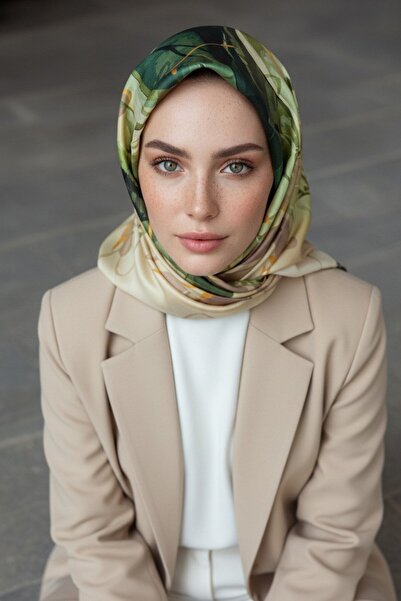 Vissona %100 Twill İpek Çiçekli Sulu Boya Dalga Desenli Haki Yeşili - Zümrüt ...