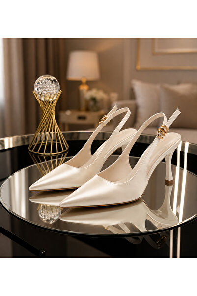 rephro store Pearl White Pointed Toe Open Heeled Evening Dress Shoes