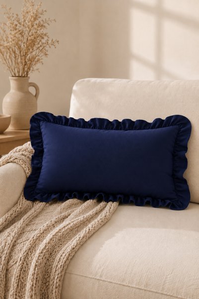 tab-linnn Pera Cotton Linen Ruffled Navy Blue Rectangular Cushion Cover-Rustic, Hand-Stitched, Cushion Cover-35X50Cm