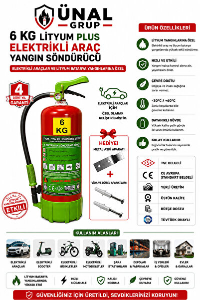 ünalgrup 6 kg Elektrikli Araç Lityum Yangın Söndürücü KKT Yangın Tüpü Araç Garaj
