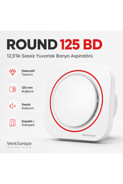 Venteurope Round 125 BD – 12,5’luk Sessiz Yuvarlak Banyo Aspiratörü – Kapaklı...