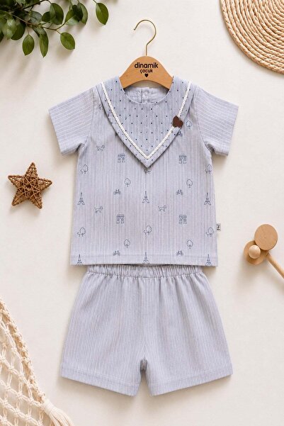 dinamik çocuk Collar Detailed 2-Piece Bottom and Top Baby Boy Suit Summer Mon...