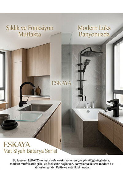 ESHOME Eskaya Siyah Krom 4Lü Full Set Robot Duş Banyo Bataryası Banyo Lavabo ...