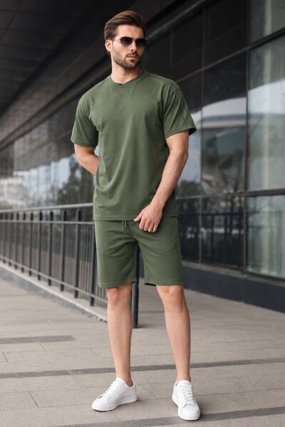 Madmext Khaki Overfit Printed Men's Shorts T-Shirt Suit E7302